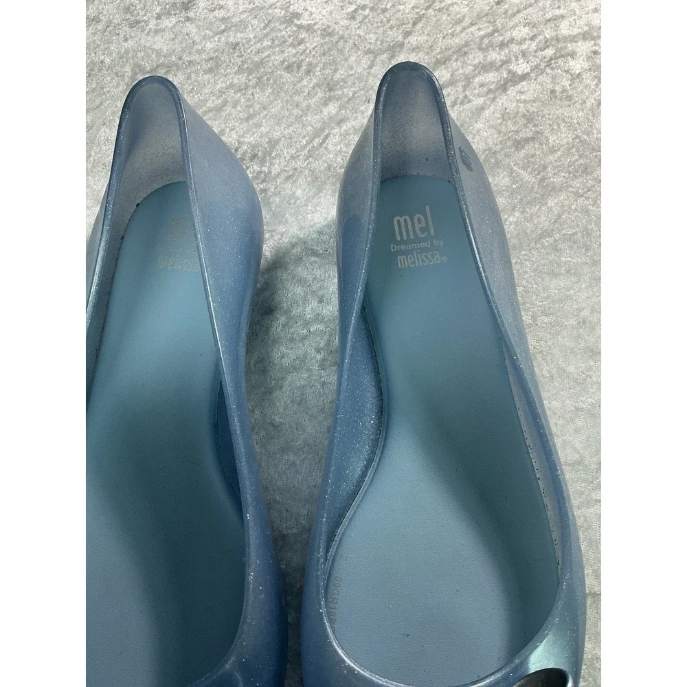 Melissa Mel Girls Size 3 Light Blue Glitter Jelly Ballet Flats Bow Slip On Shoes